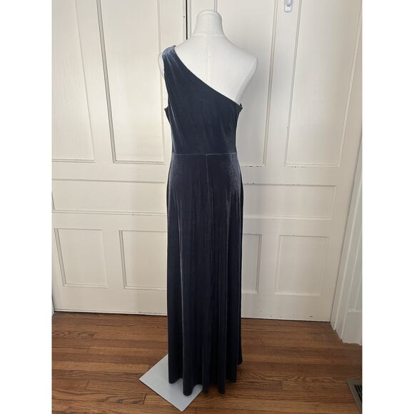 Birdy Grey Velvet One Shoulder Bridesmaid Dress Womens Size Large Storm Blue NWT - Picture 2 of 7